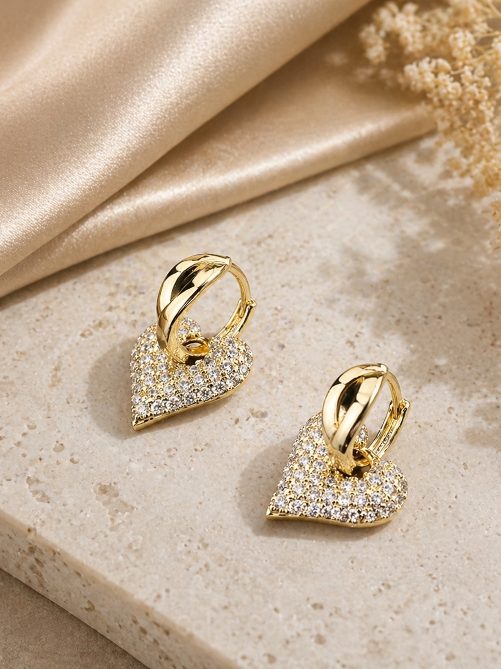 Gold Heart Drop Earrings • Sparkly CZ Pave • Dainty Hoop Dangle